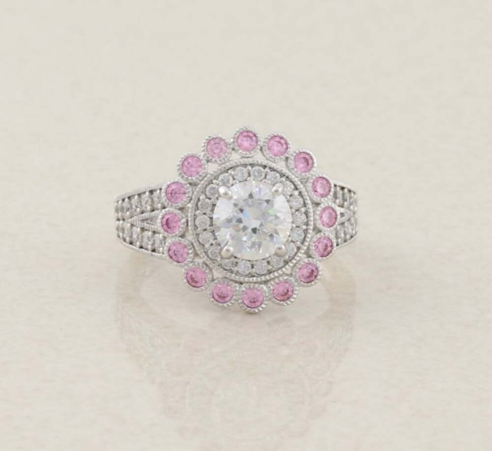 Sterling Silver Super Sparkly White & Pink Cubic Zirconia CZ Flower Ring Size 6